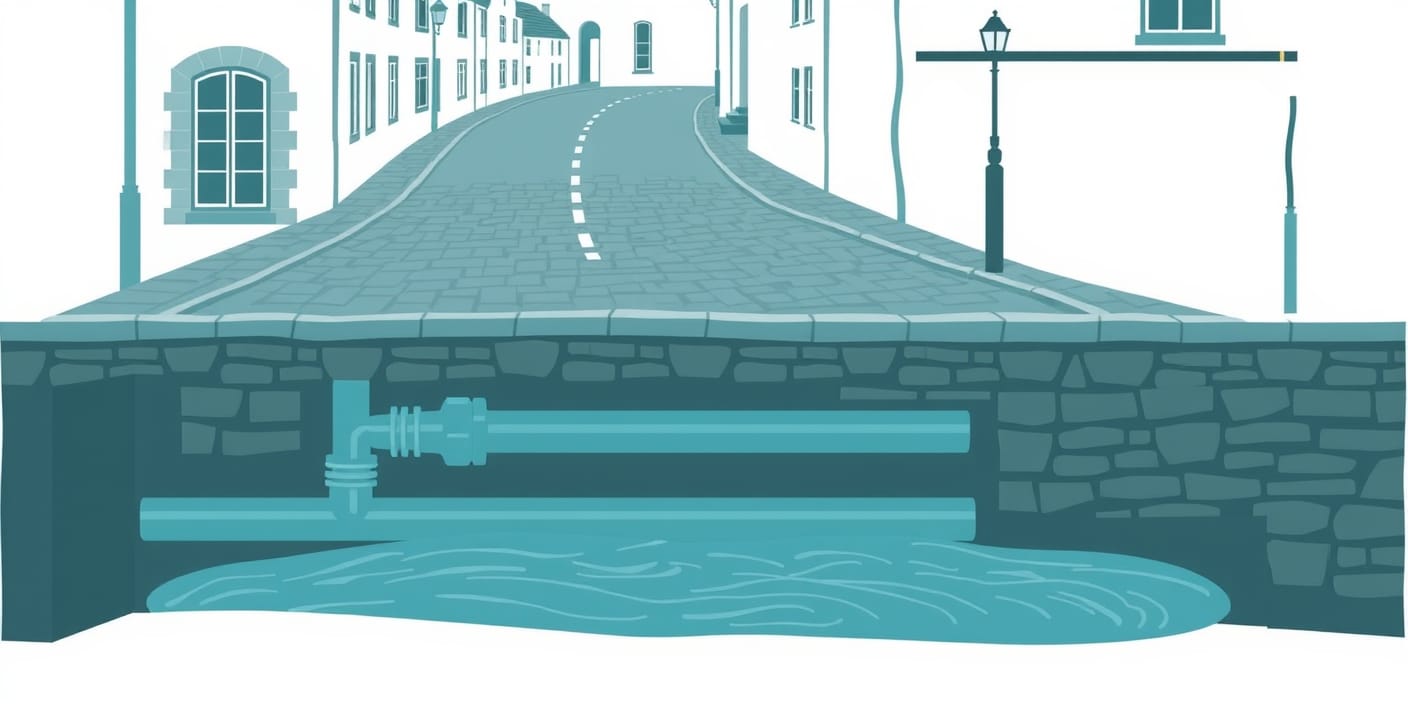 Cross-section illustration of pipe infrastructure beneath a Scottish street — supporting visual for leak detection guidance