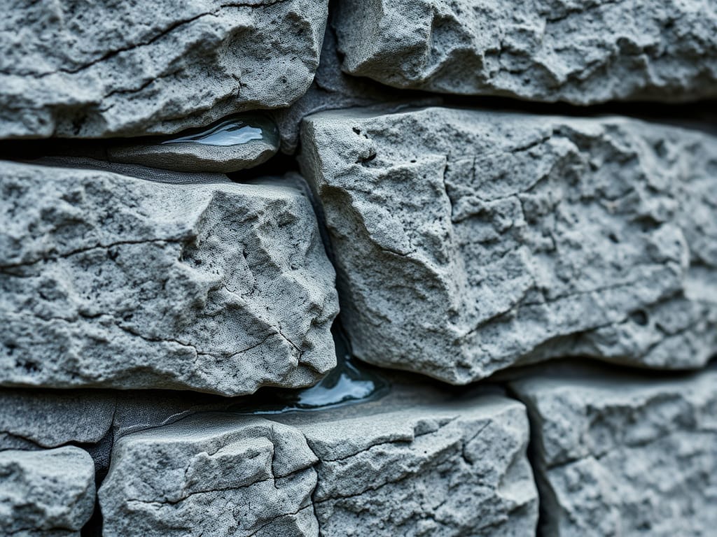 Granite masonry with moisture seeping through joints